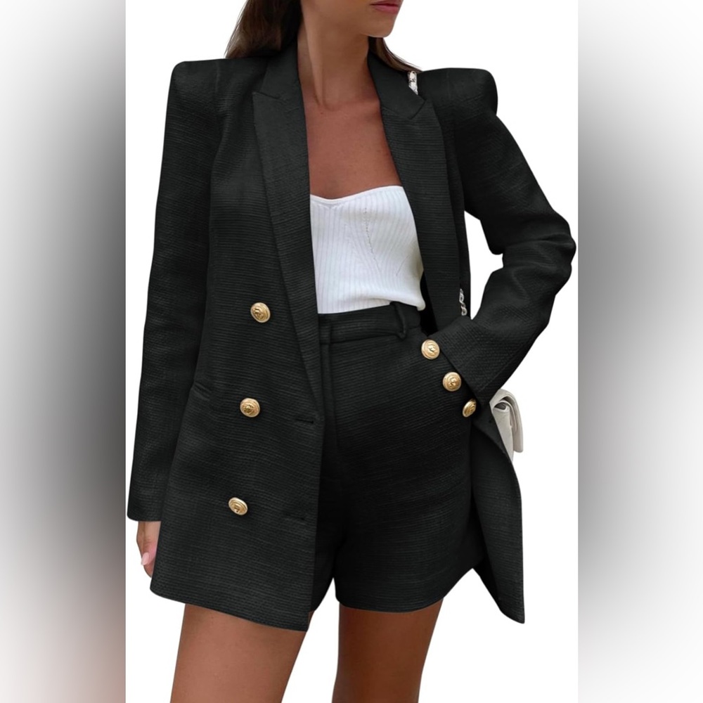 Womens Black Double-Breasted Blazer & Shorts Set